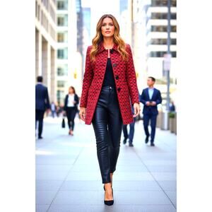 Geometric Pattern Long Spring Pea Coat Jacket Sz S Red Black H Pattern City Chic